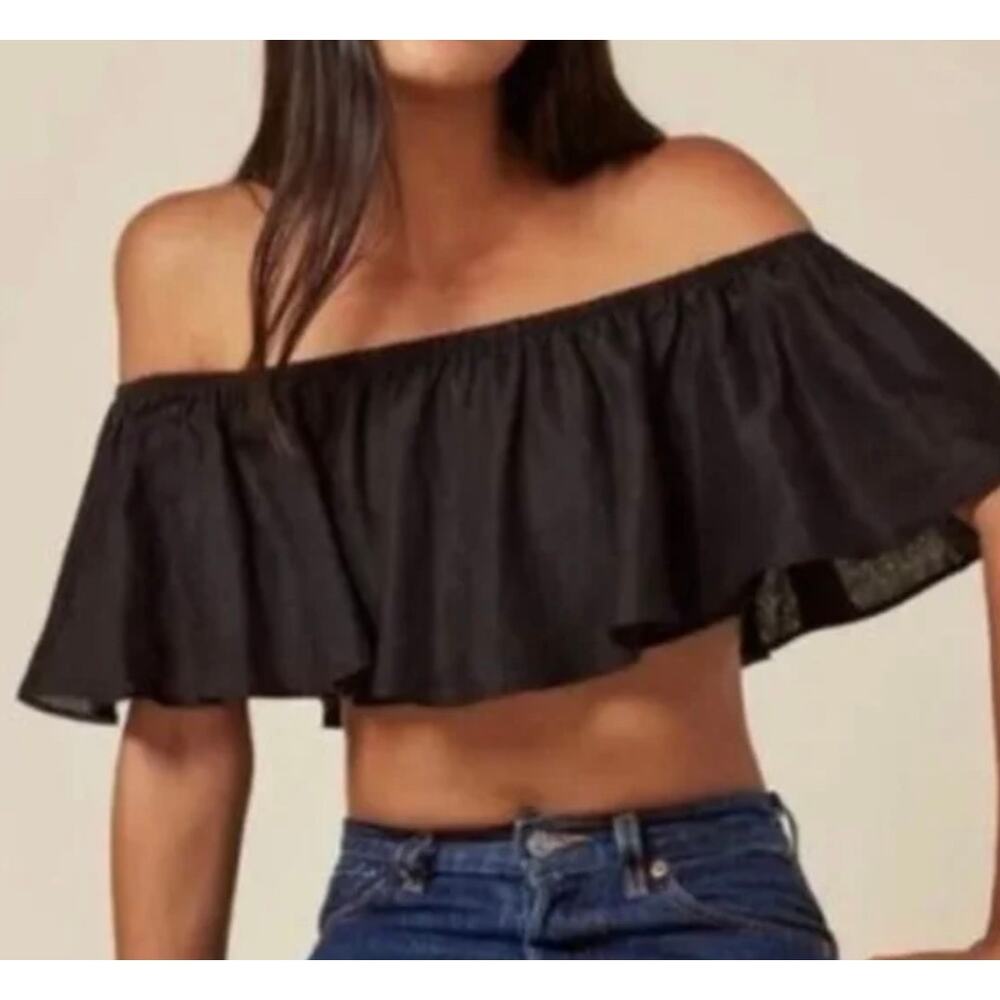 Reformation Marguerite Off Shoulder Crop Top Black Striped Boho Festival Large